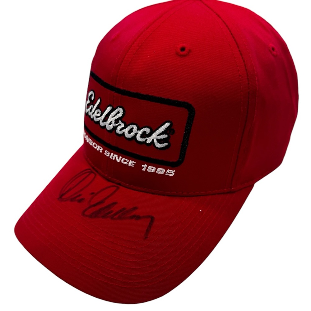 Signed Edelbrock 2001 Power Tour Racing Hot Rod Magazine Adjustable Hat Cap Red
